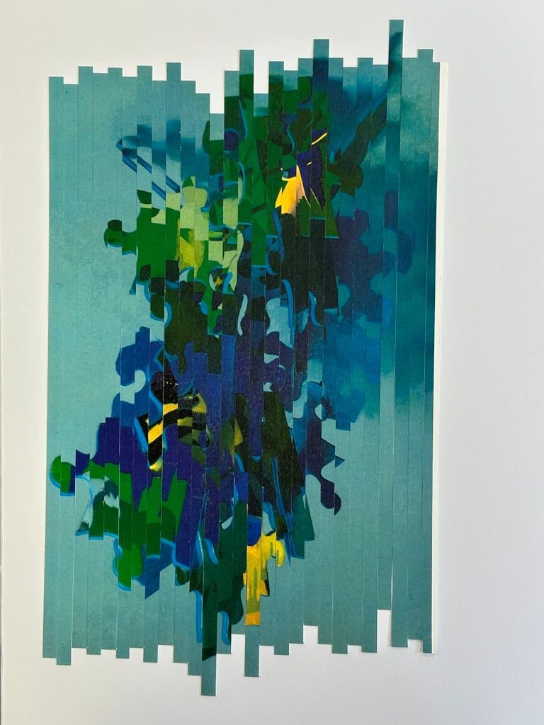 a collage cut into strips that is displaced