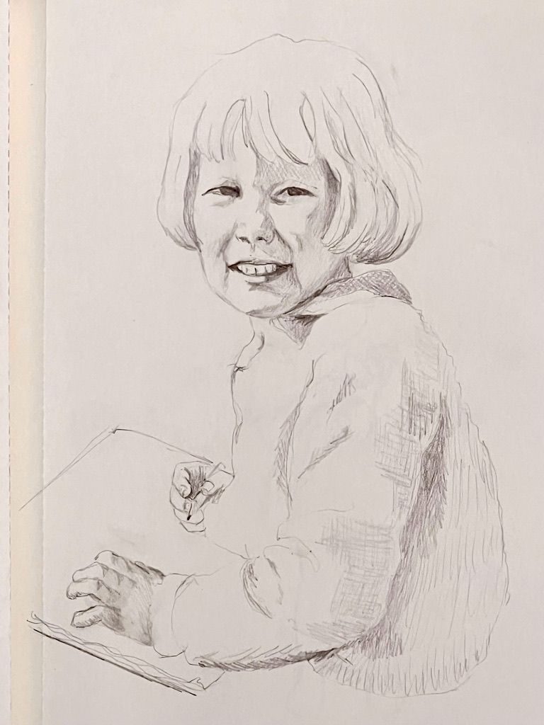Pencil drawing self portrait from a photo when I was five, sitting, drawing.
