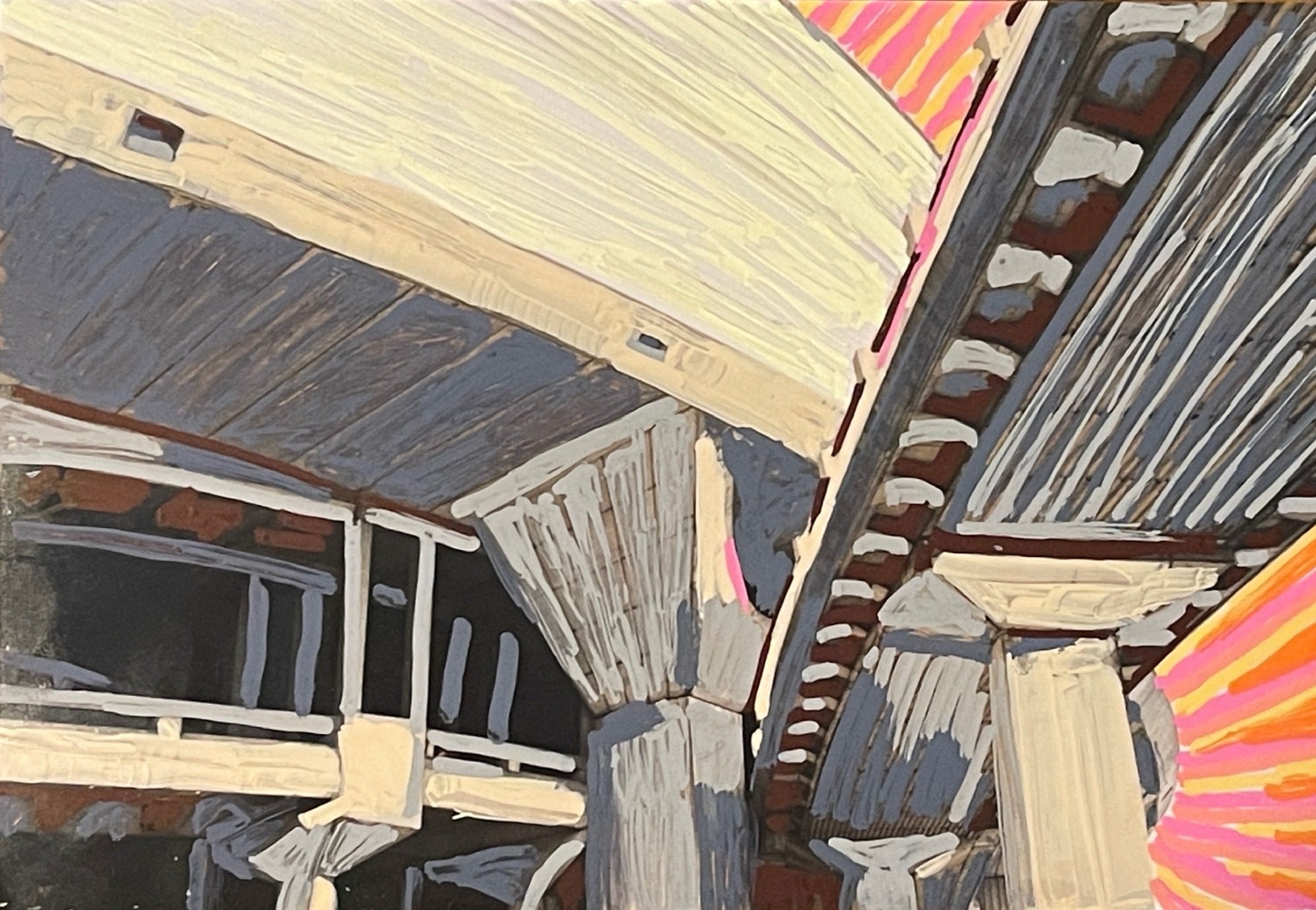 View of Modernist Building with Bridge. Posca pen on photo.