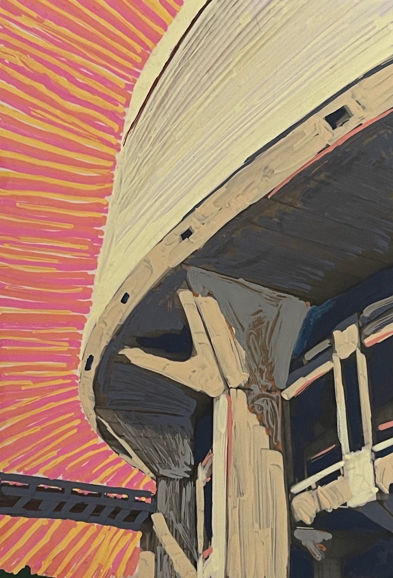 Exterior of modernist building with pink striped sky. Posca pen on photo.