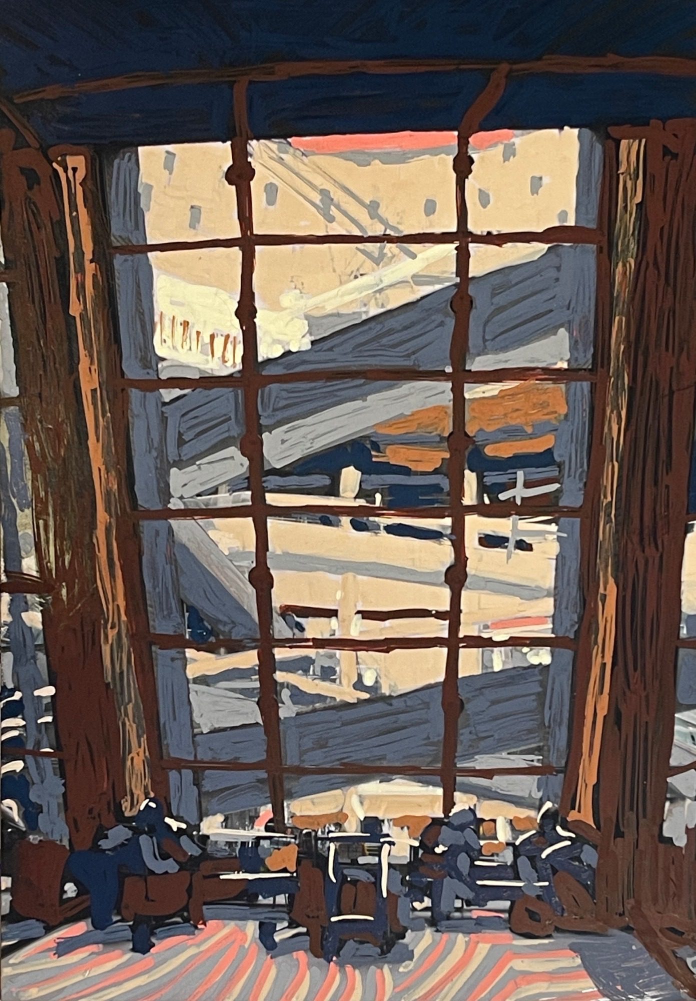 Modernist airport lounge with big window. Posca pen on photo.