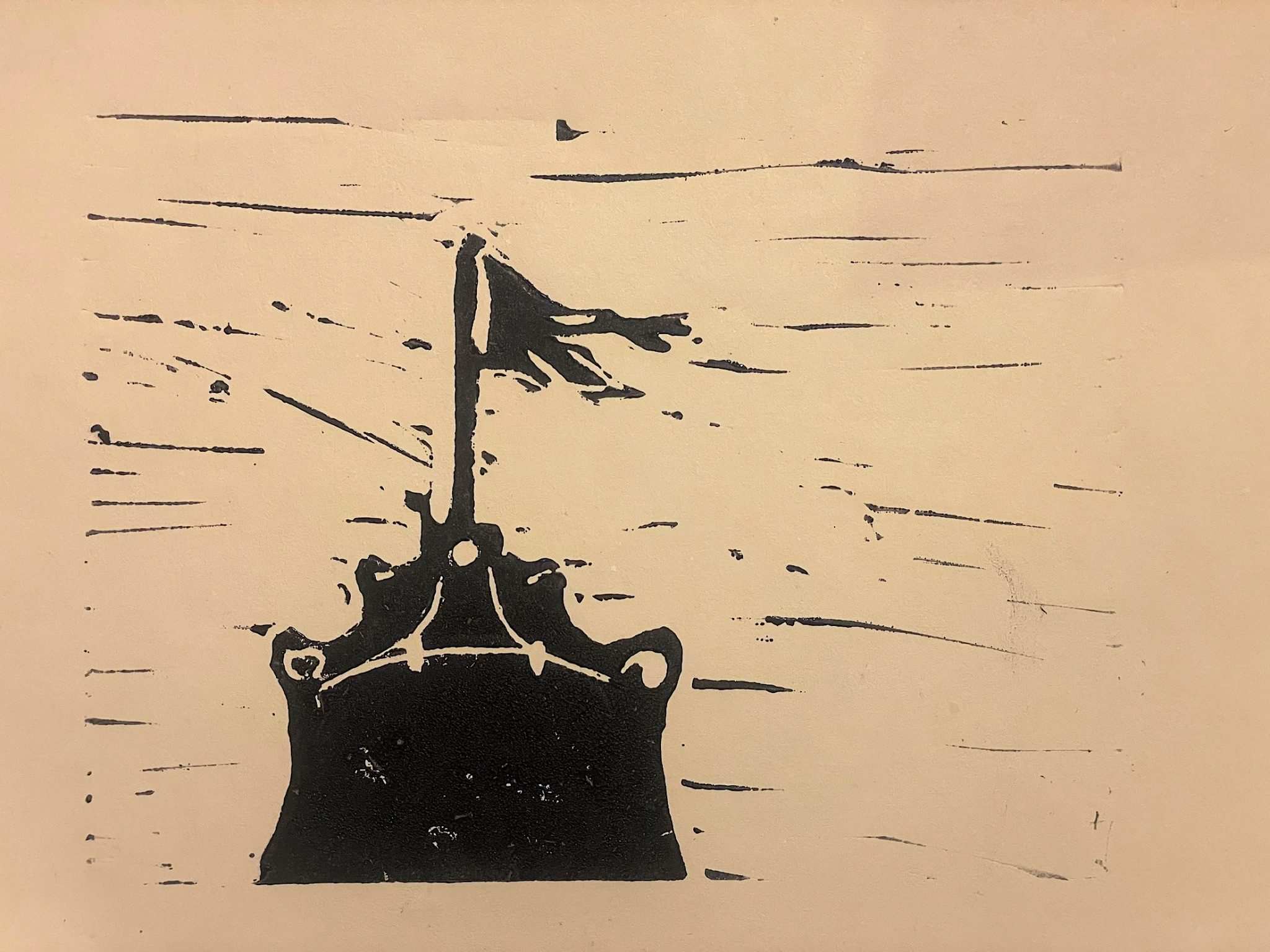 A Linocut of the top pf a victorian building with a flag mast and a torn flag