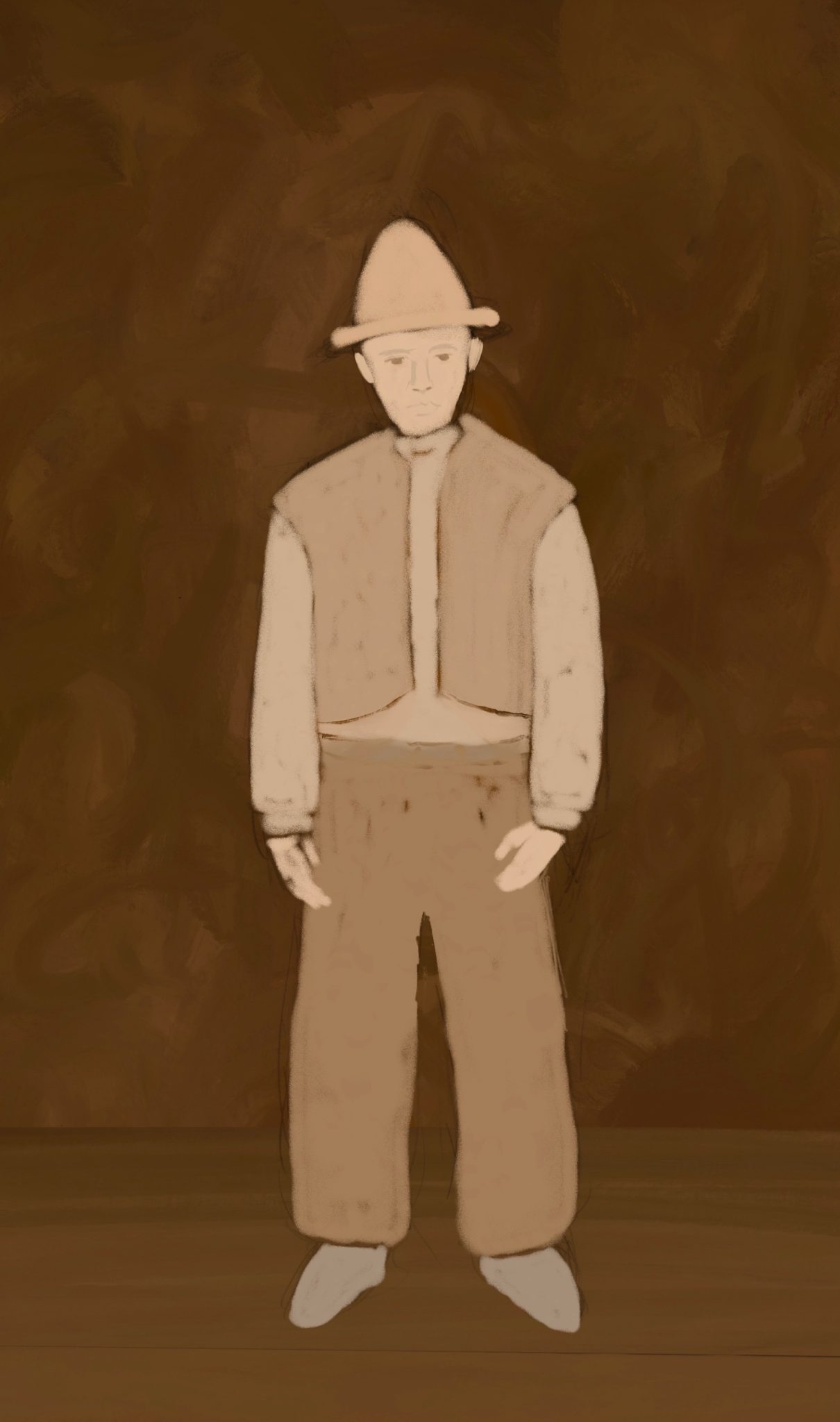 Digital drawing of a pale clothed clown against a brown background