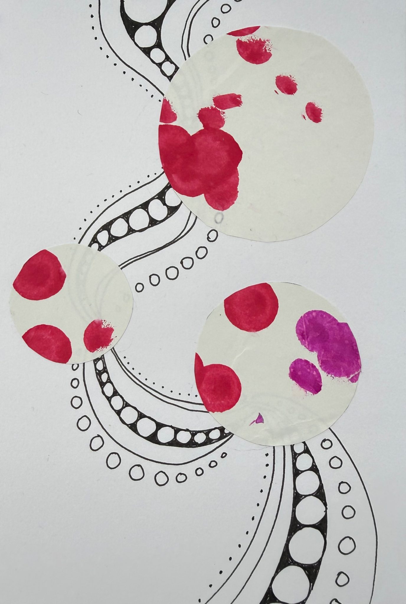 Collaboration of 3 year old’s painting and grandmother’s ink drawing in red and black