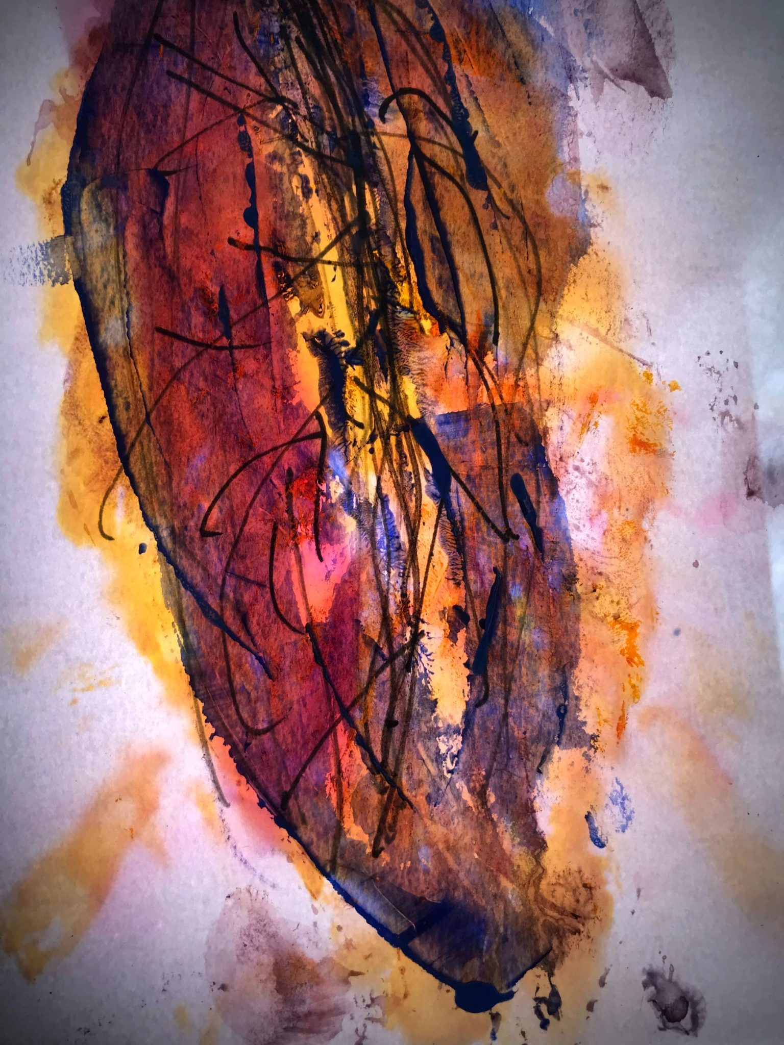 Based on a bigh leaf, it is a stamp with acrylic pain, marker, on translucent paper, photography against backlighting