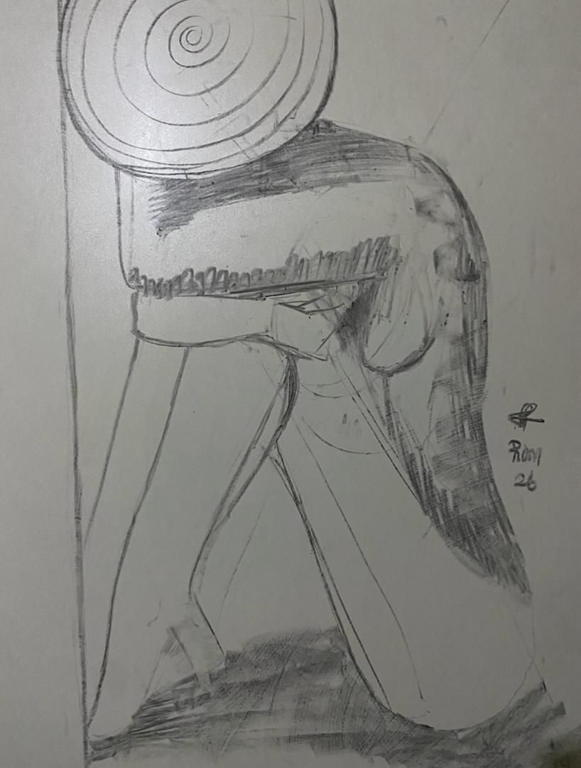 A body folded under the weight of correction. The spiral replaces the halo, suggesting repetition rather than redemption. Alignment becomes strain.