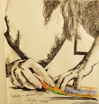 Black pen ink drawing with wash, of hands wrapping a gift. The wrap is in orange and blue pastel, the rest of the image is black and white
