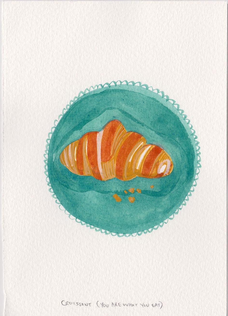 A painting of a croissant on a green decorative plate