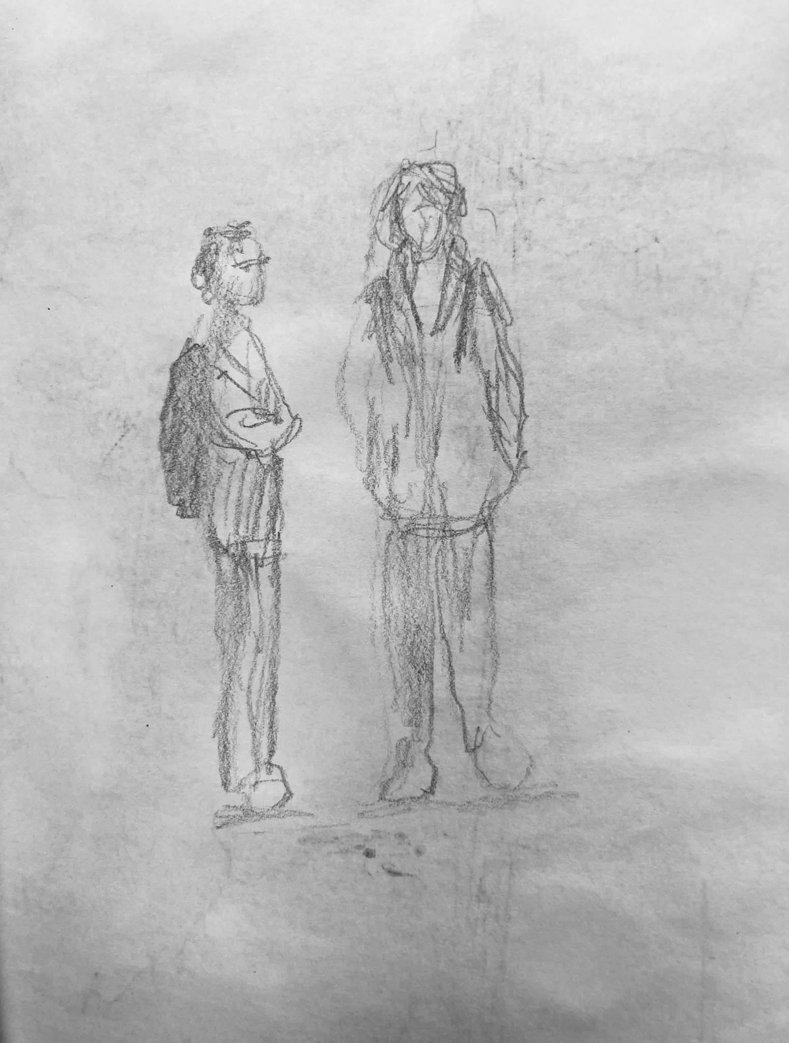 Line sketch of two students chatting