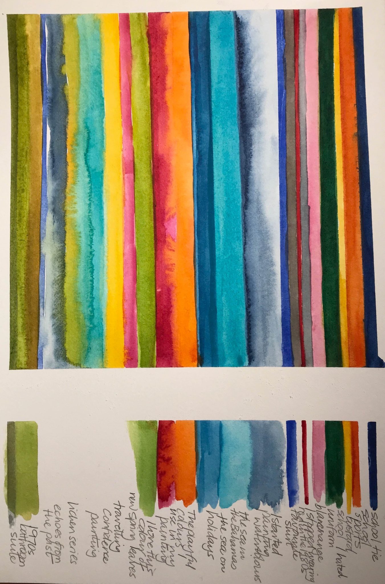 Stripes of different colours (blues, turquoise, yellow, red, green, pink, orange, grey, brown) that represent colours from my memories of the past and present