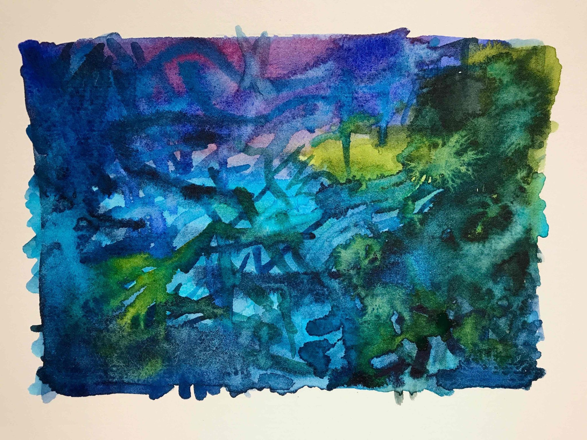 A symphony of blues painted in response to the Fleetwood Mac song Need Your Love So Bad. Light and bright in some areas and dark indigo in others with some narrow brushstroke lines with movement.