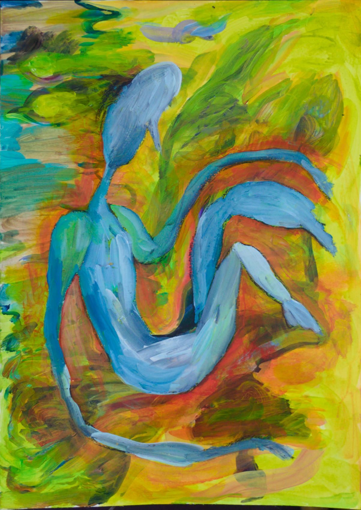 An abstract painting of a person floating