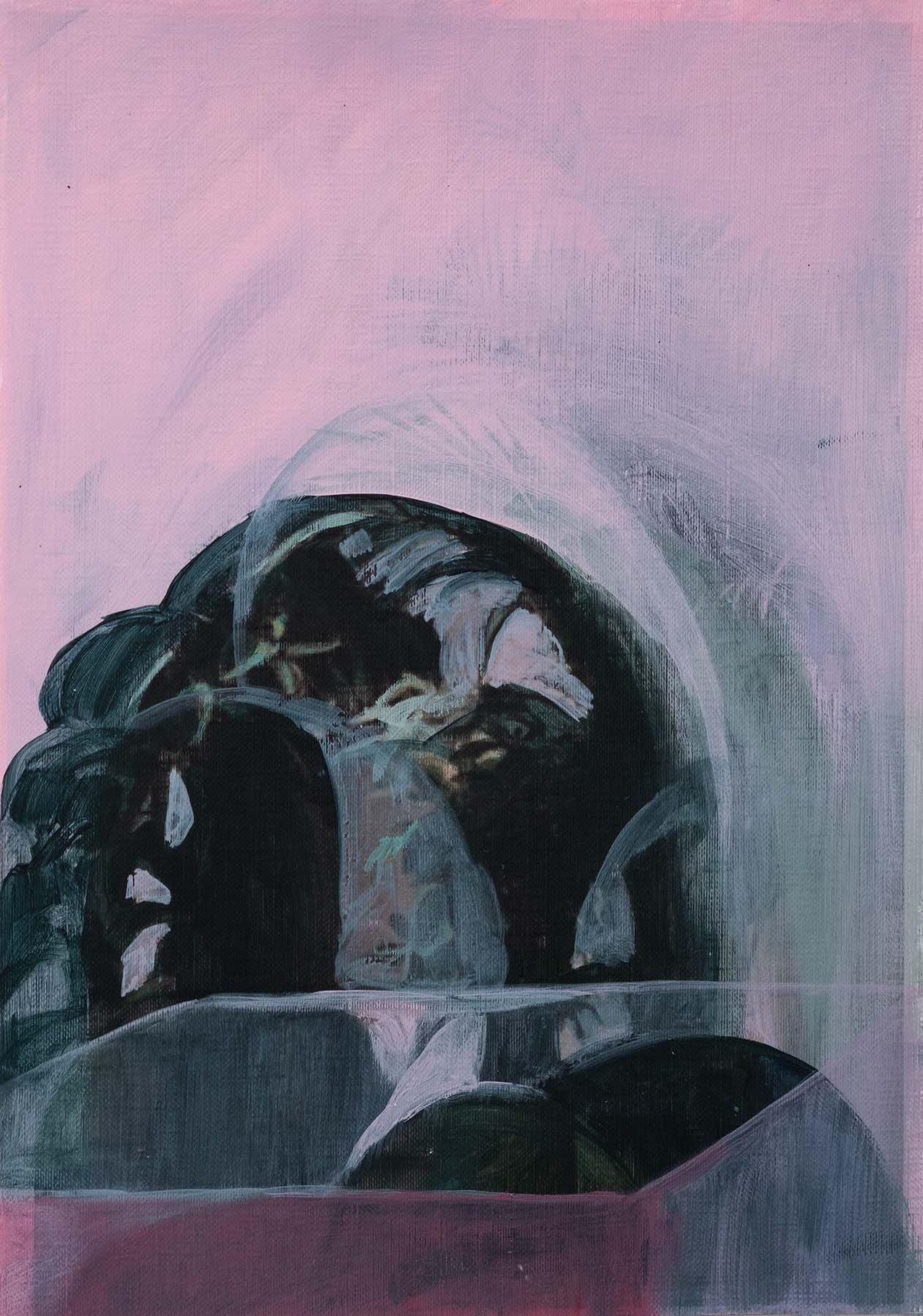 Shapes and curves in pinks and greens painted over a photograph