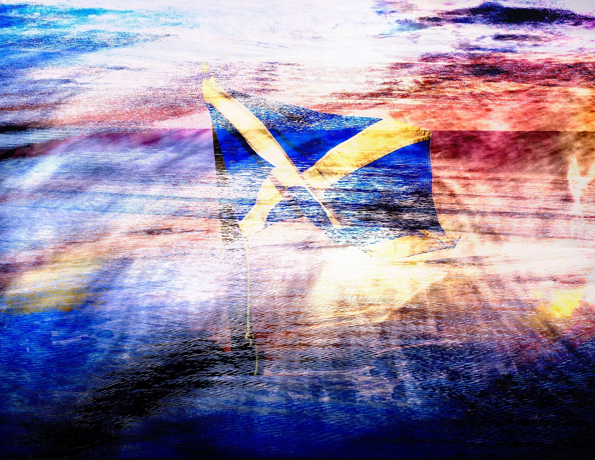 This a composite image made from a multiple exposure taken on Loch Katrina blended in Photoshop with watery and fire images