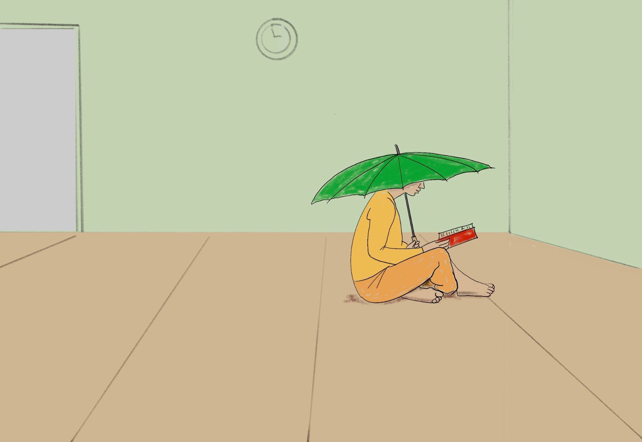 A dancer sits cross legged in a dance studio reading a red book and holding a green umbrella.