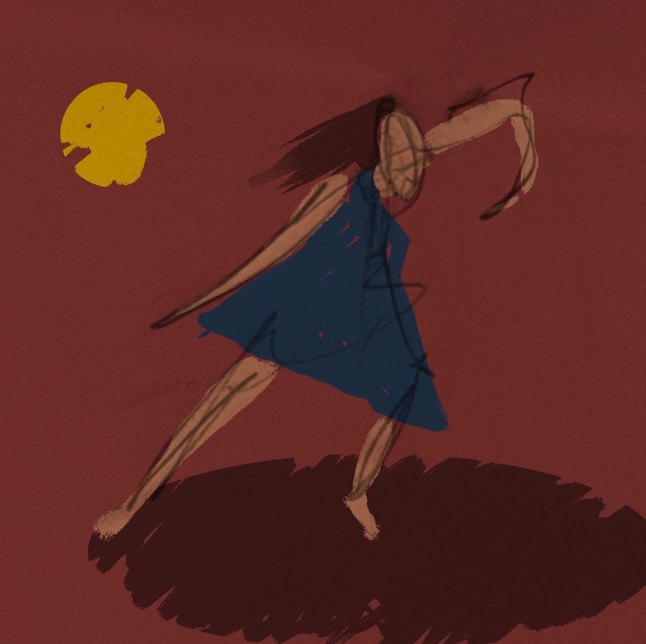 Rough pencil sketch of dancer with added colour