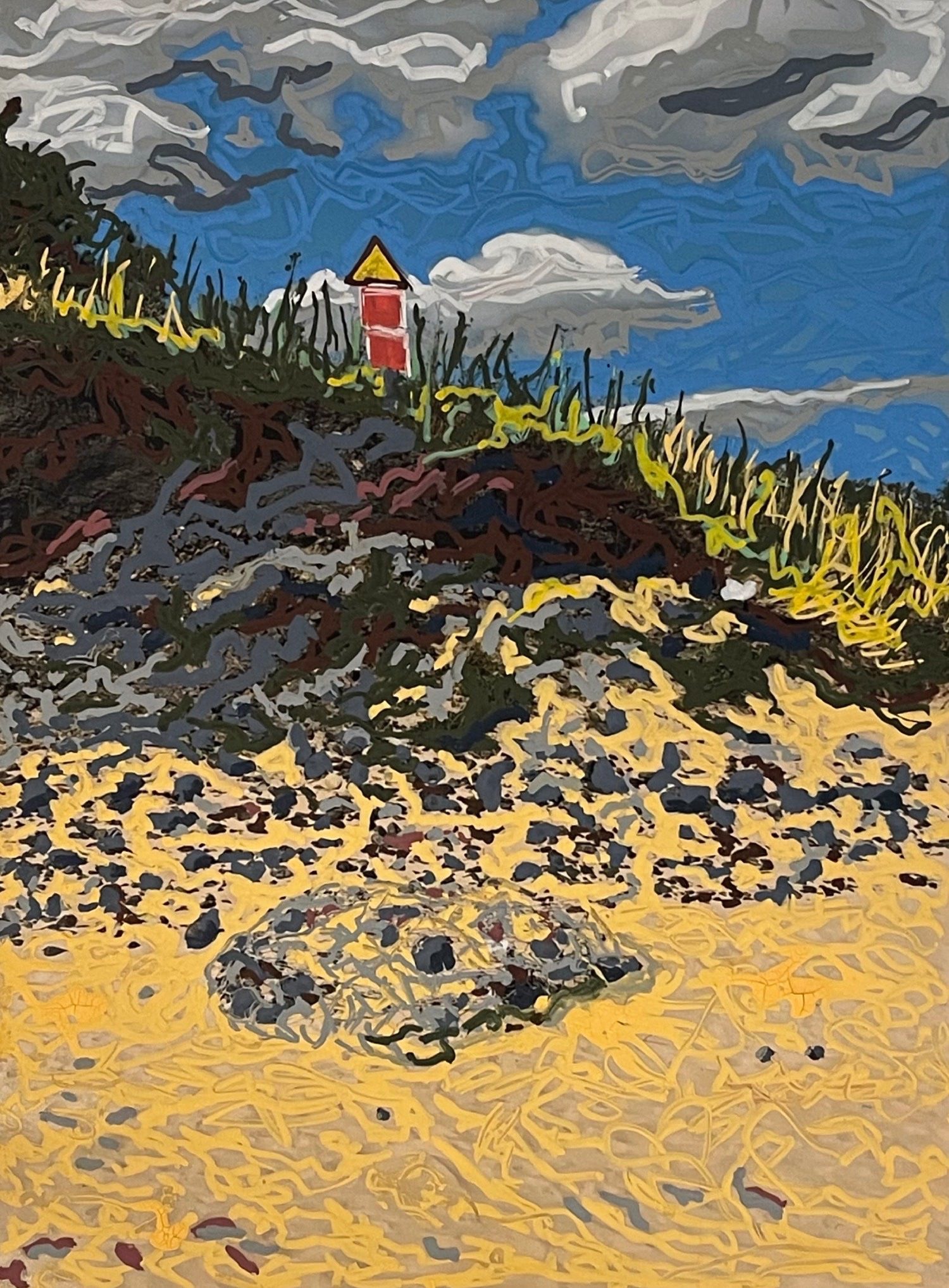 Acrylic pen drawing of cliff edge from beach