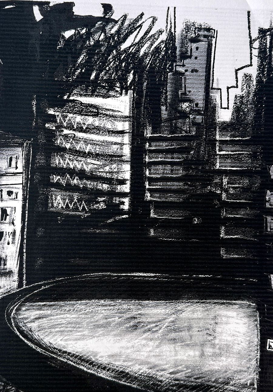 black and white, characol and conte, city feeling