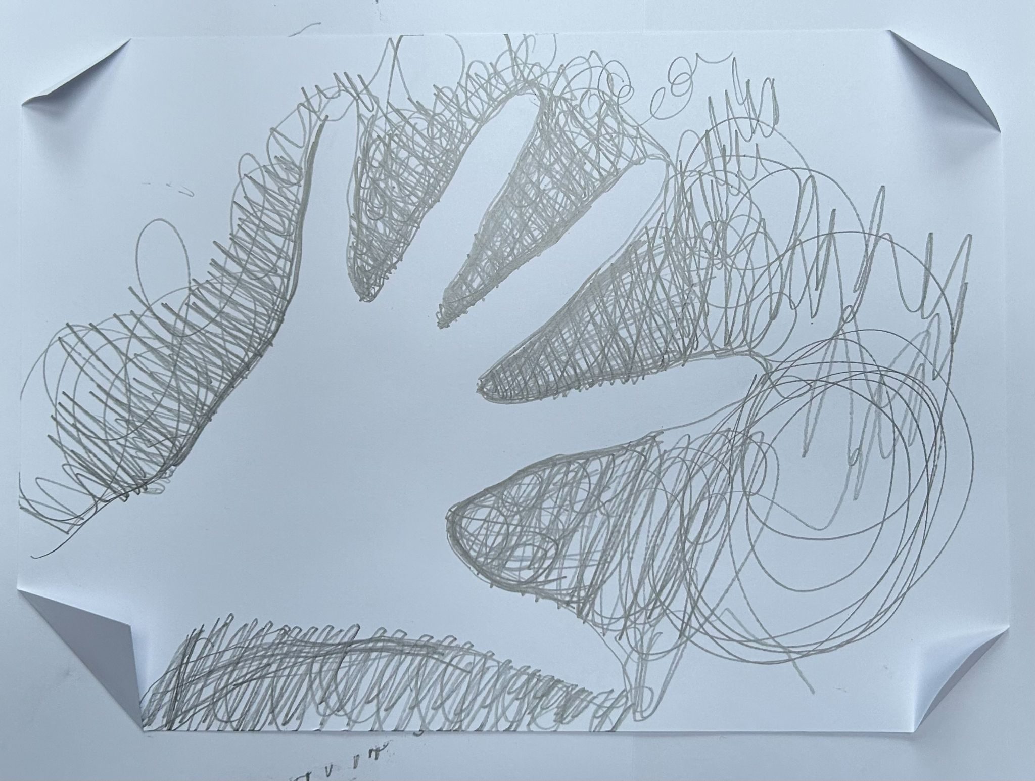 Drawn with pencil around my hand to give hand shape then filled in the gaps with eyes closed