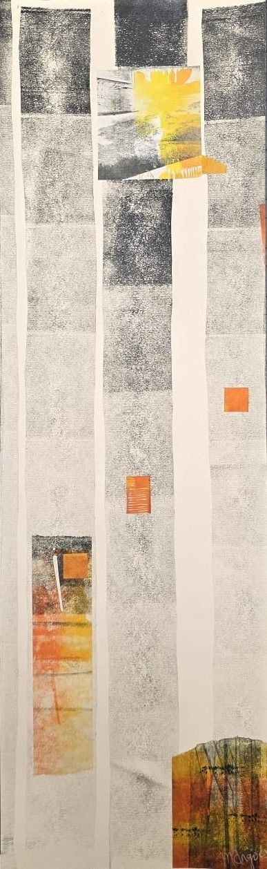 70 cm x 25 cm black oil based ink, orange and yellow acrylic and collage.  Patchy 2 inch wide rollered black ink lines with intriguing squares of collage in abstract orange, yellow and black.  Two tiny triangles, one of yellow and one of orange provide accents.  The arranged collage shapes form the only curve in the composition