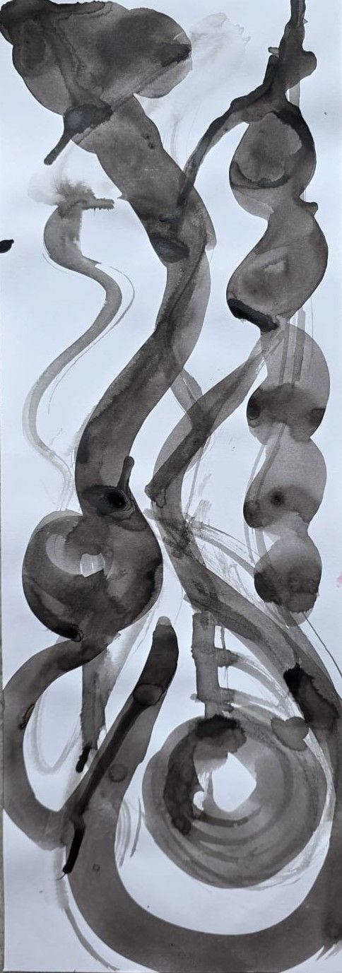 50 cm x 20 cm ink painting using natural tools and inspired by the music the artist was listening to