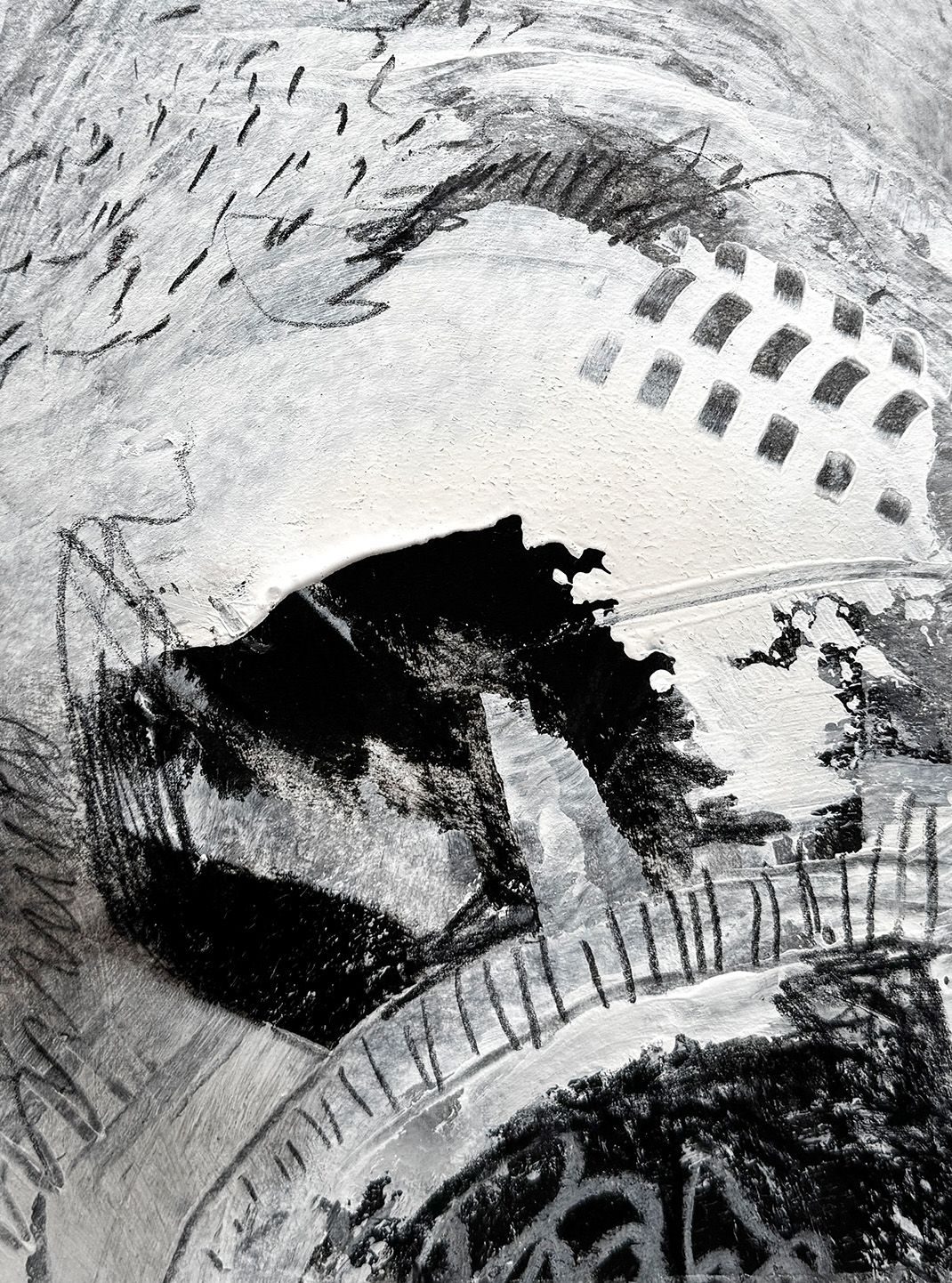 abstract, black from soot, white acrylic paint