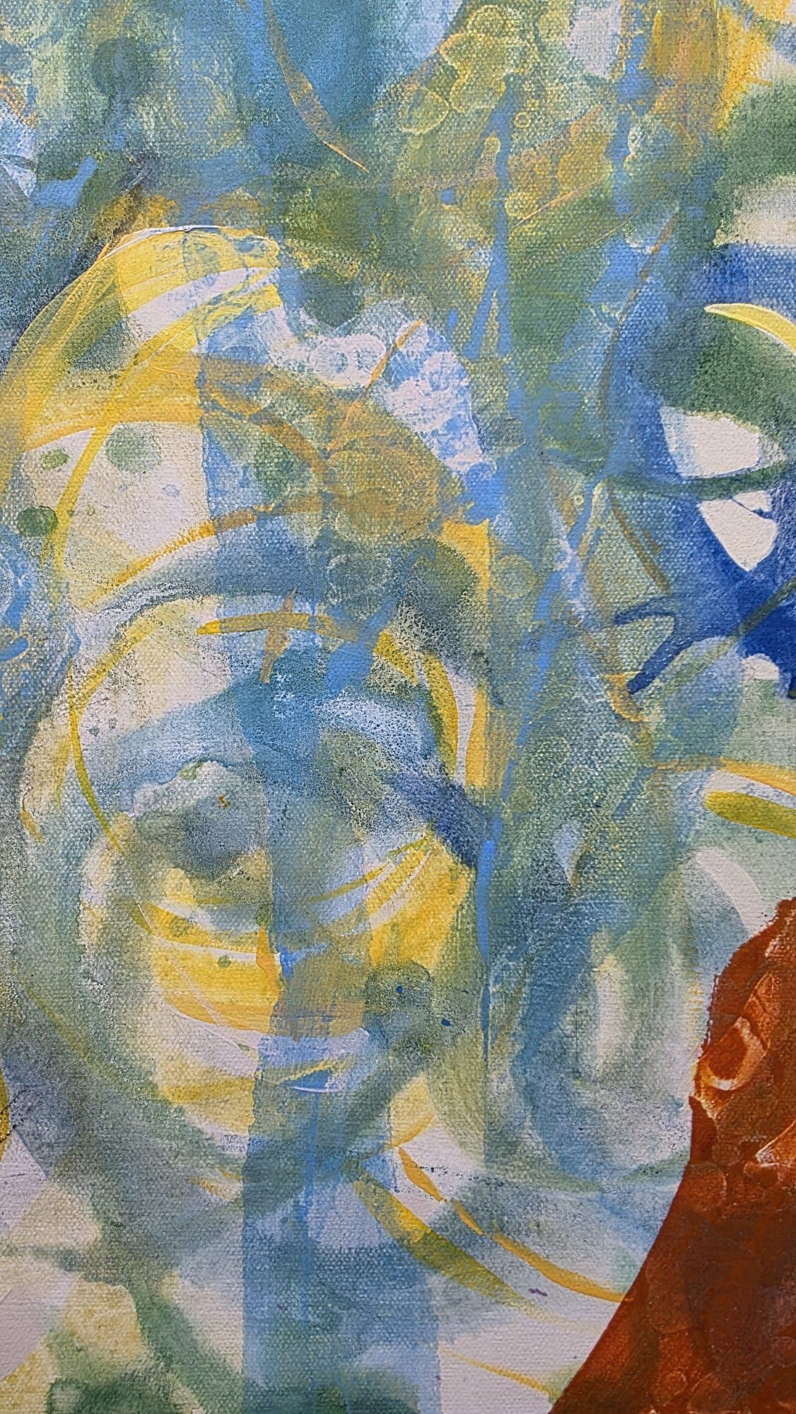 16 inches x 20 inches acrylic on canvas.  Preparing the background layer in turquoise yellow and burnt sienna using swirling marks to create energy