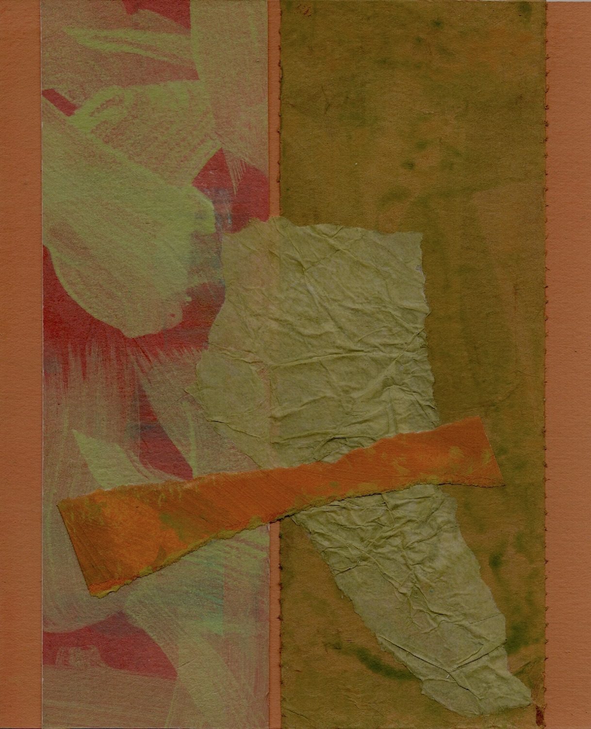 Height 10cm by 15.5cm Width.  Acrylic painted background in pale orange with two acrylic painted collaged columns in red and green/  Collaged pale green torn paper shape jointing them together with a 1cm orange textured across them both.