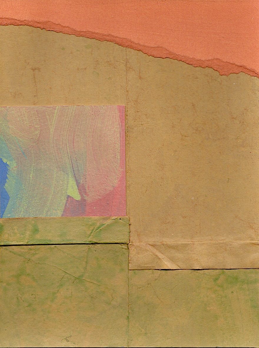 The work is 18cm Height by 1 cm Width.  It is acrylic painted collage with two columns, top to bottom.  These columns are lightly painted in pale ochre with a pale green bottom third. In the second third of the first column is a square cut collage.  This rests on a pale green 1cm horizontal band and has touches of blue, pale lemon, pale lilac and pink brush marks.  The second column has a pale ochre band sited just below the first column and no square.  To the top of the work, is an orange strip, the bottom is torn across.  It starts with a depth of 1cm on the left and slopes down to 4cm on the right hand side.