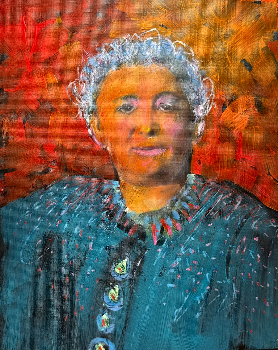 old photograph of spanish older woman, blue and orange, painted over