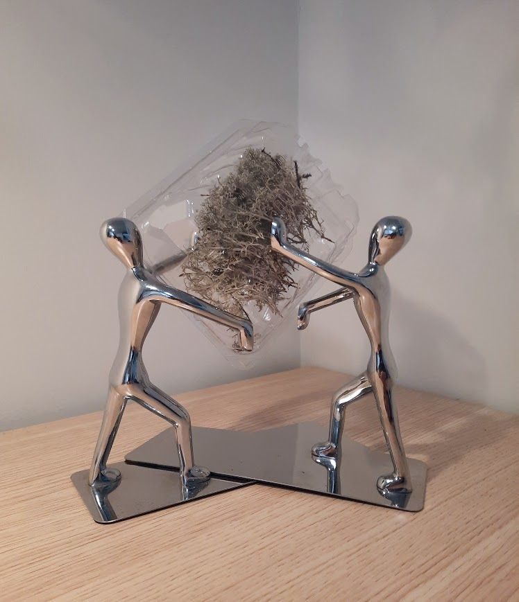 Sculpture with two humans carrying moss contained in plastic