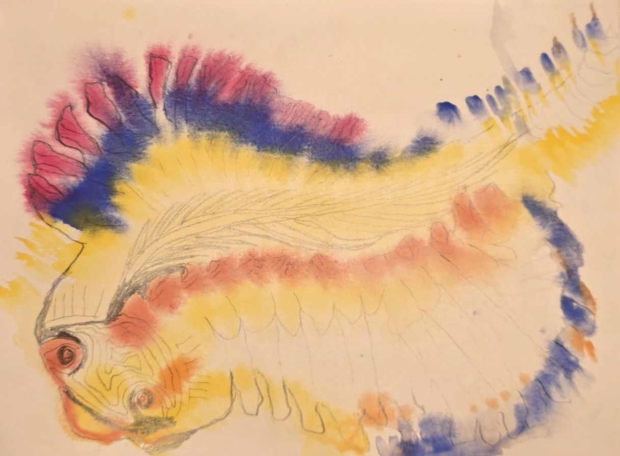 Looking for form in abstract watercolour.  Pencil found a fish!