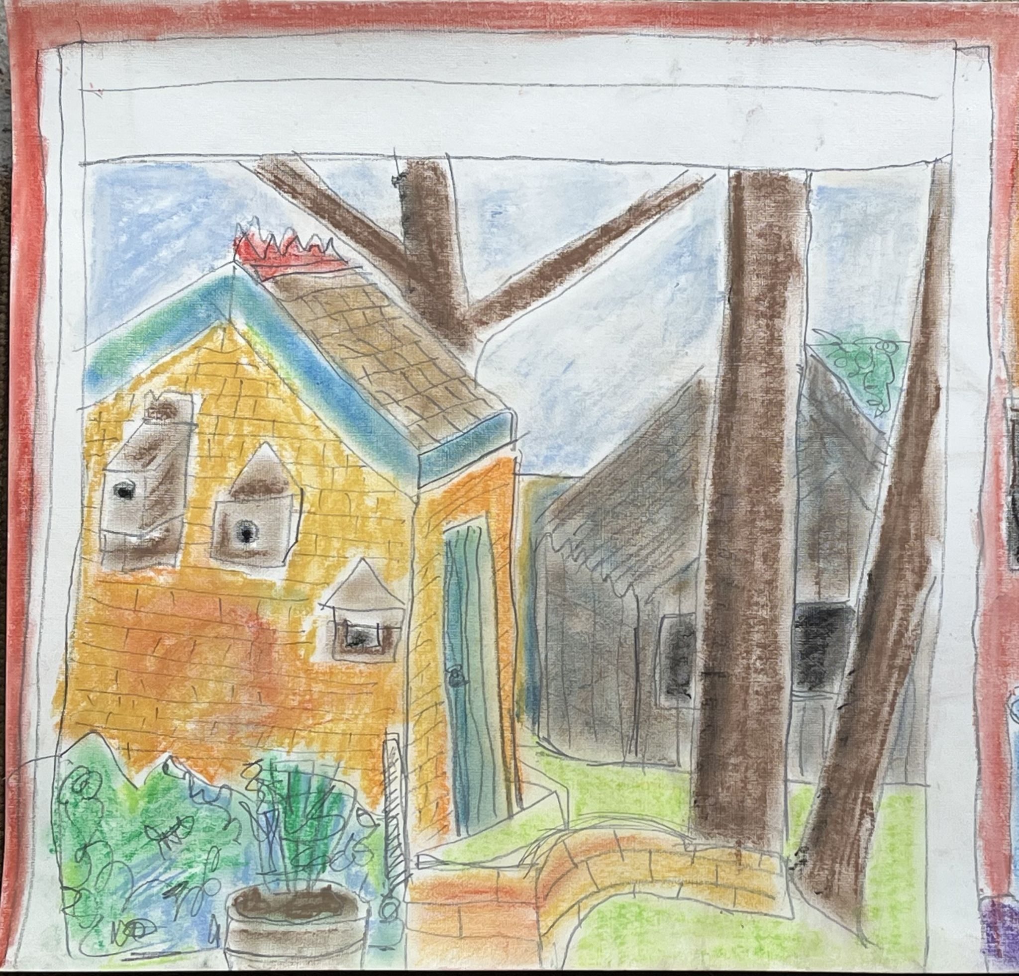sort pastels on paper. view from garage door into garden.
