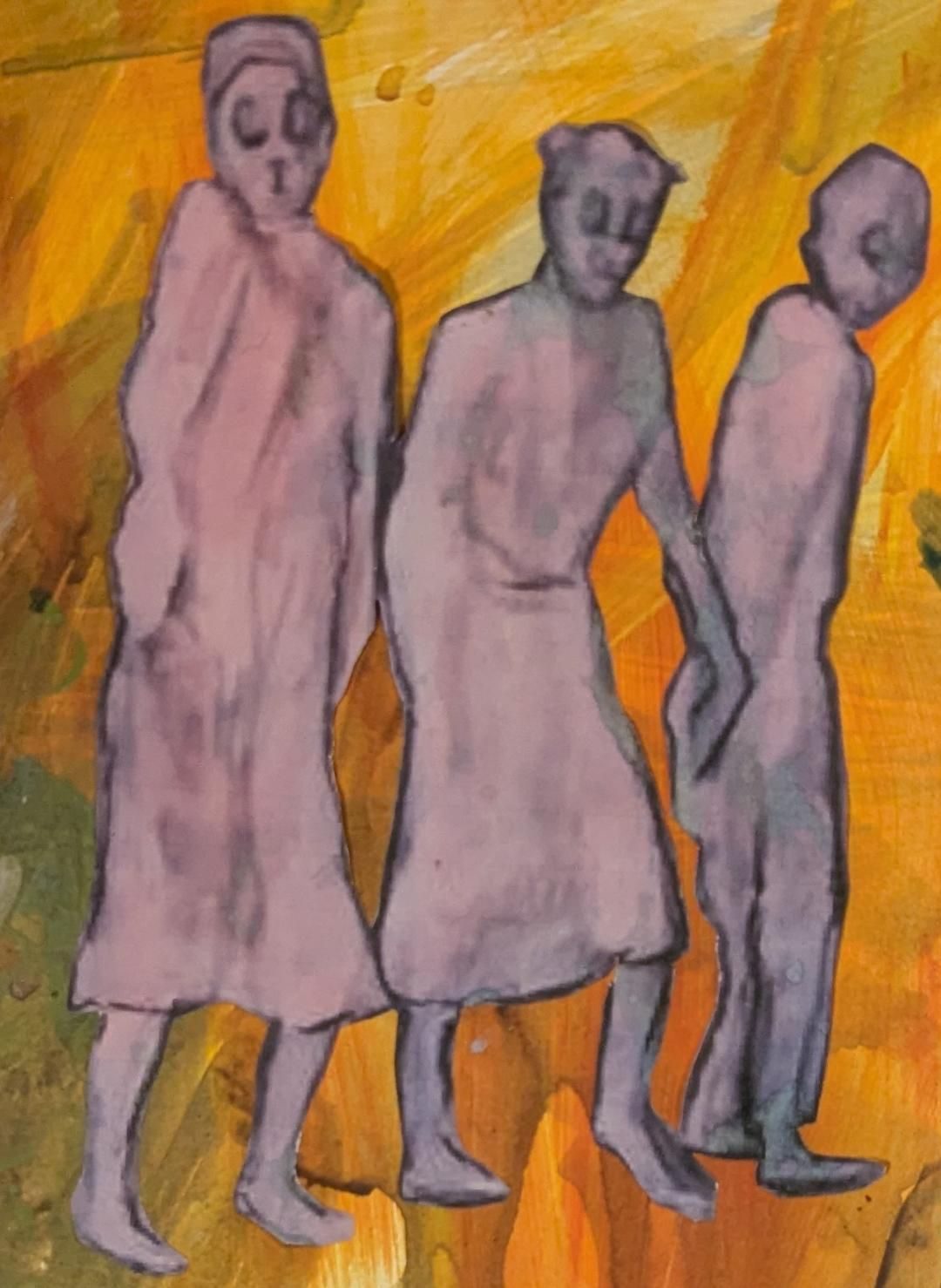 three interacting figures in charcoal and acrylic