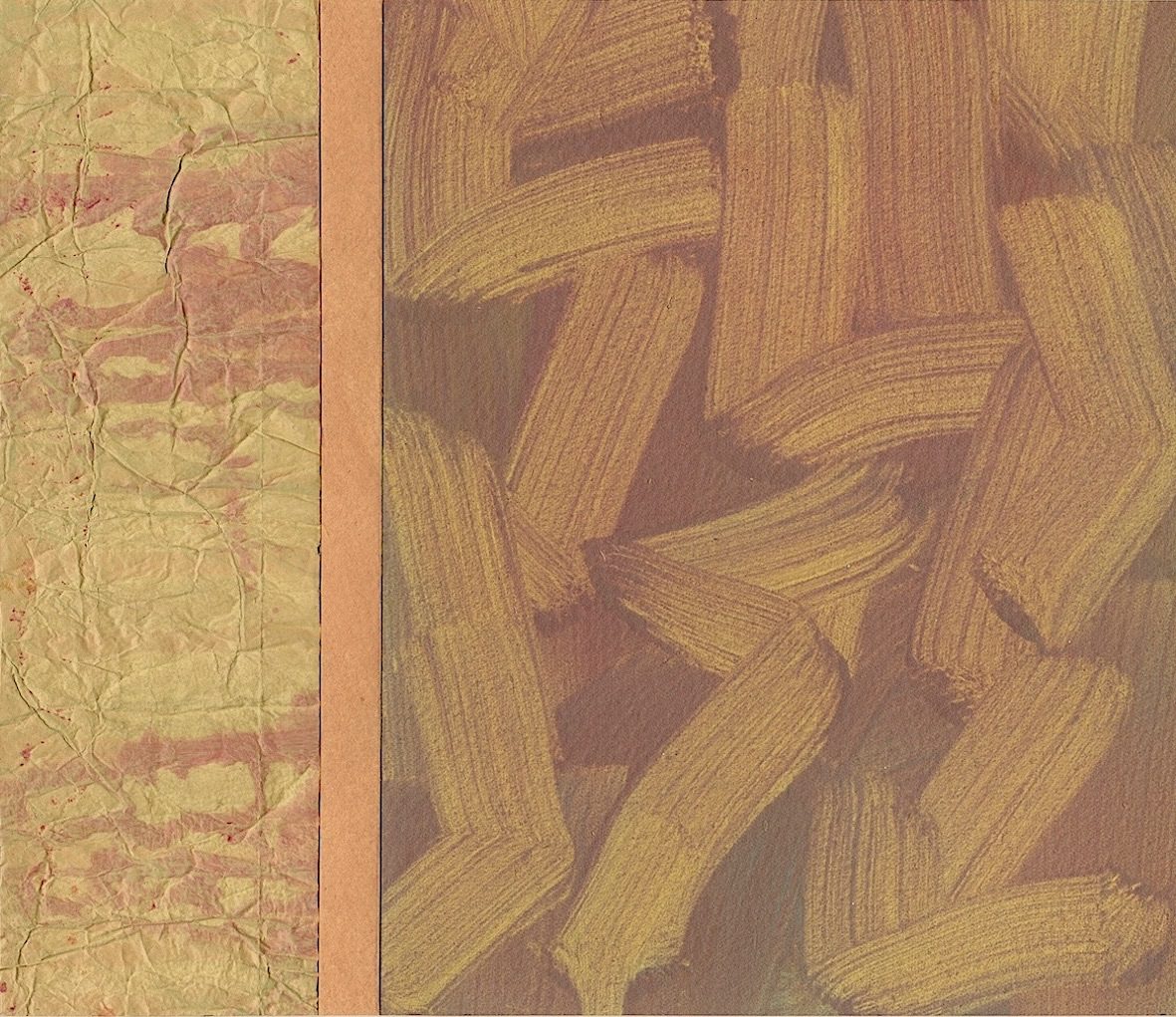 Collaged acrylic painted papers on watercolour paper, size 17.5 cm by 21cm.  It comprises three top to bottom cut columns.  The first column has a width of 6cm as is a textured paper; painted in very pale lemon and red.  The second is 1 cm wide and a pale orange.  The third is 14 cm wide and has discernible brush marks in a dull yellow and brown.