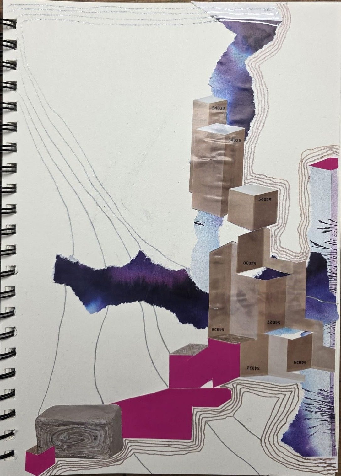 Collage cut and torn from magazines of box shapes, and flowing torn shapes lines in metalic crylic