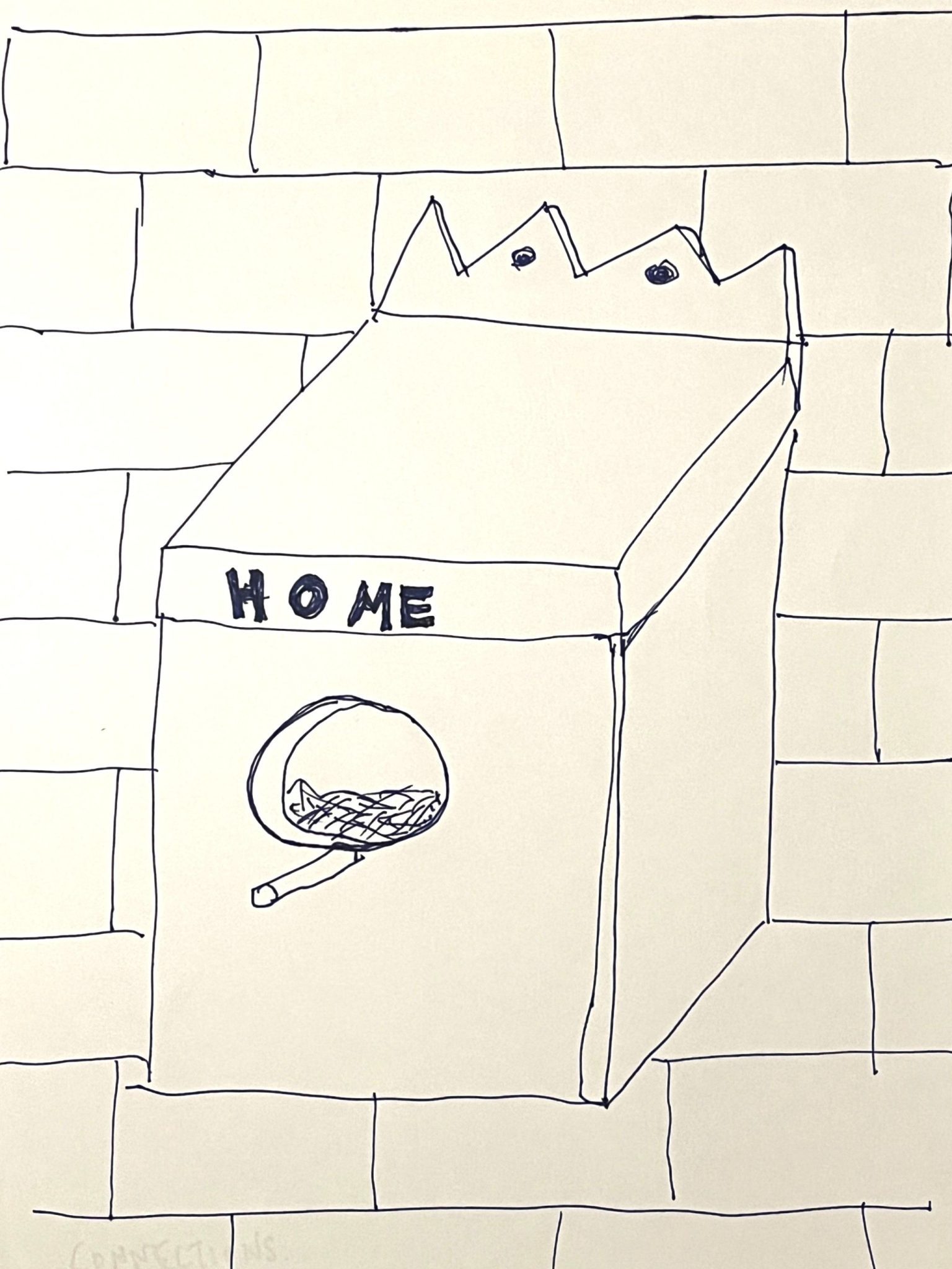ink drawing of bird box on brick wall