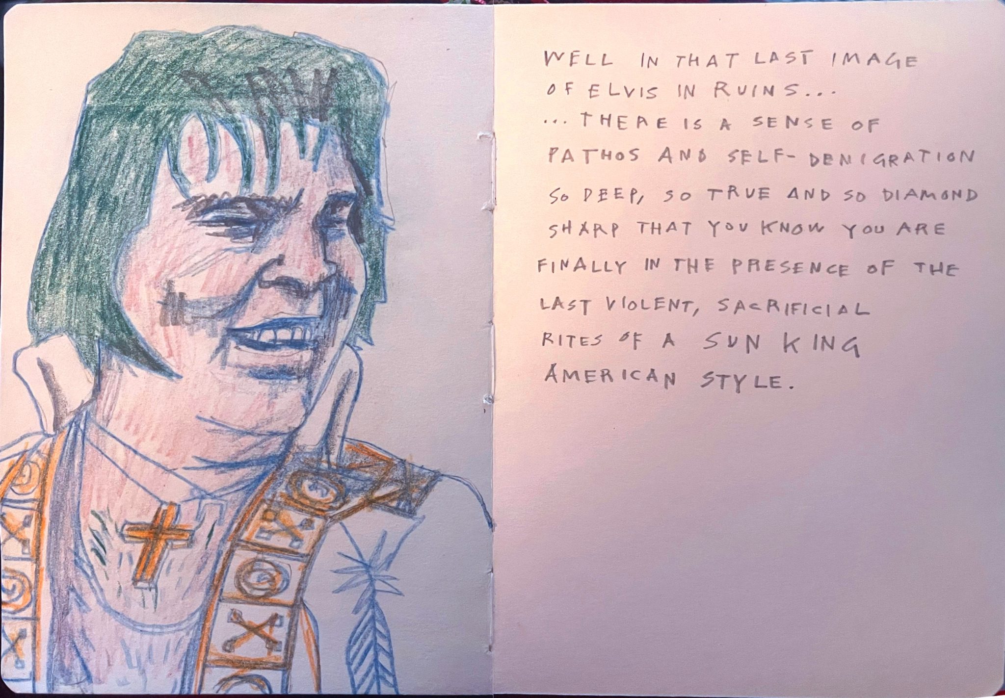 Drawing of Las Vegas Elvis in colouring pencils, text from the Panic Encyclopedia.