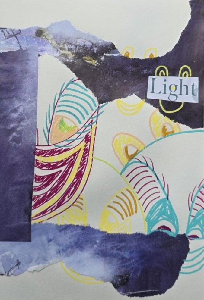 Collage and watercolour pen - looming smiles from behind torn abstract collage shapes