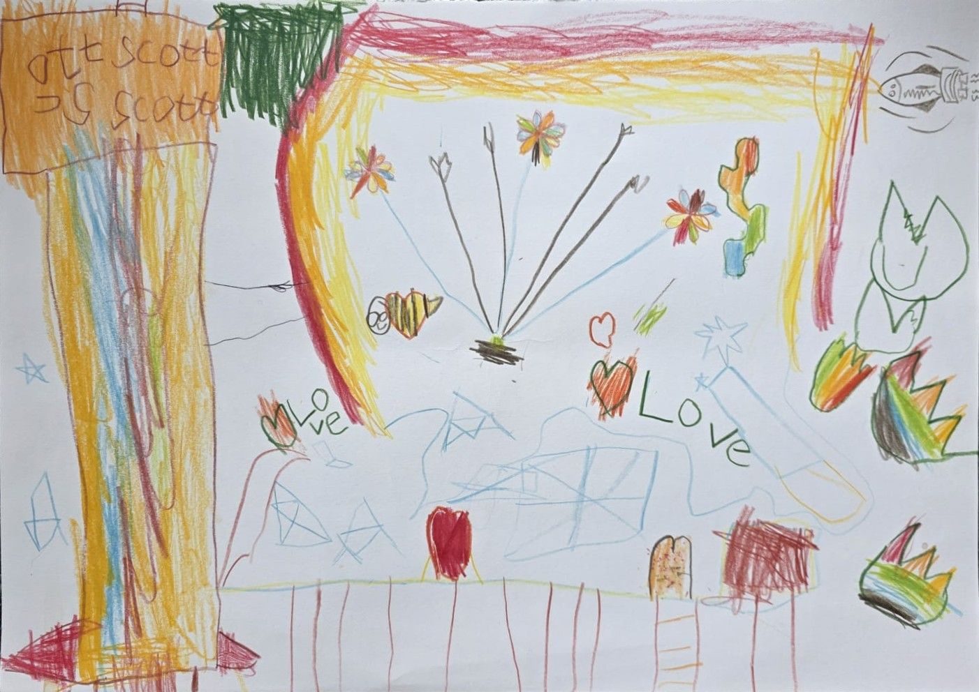 Children's drawing of rainbows, flowers, insects, love images and a tiny rocket added by the grown up!