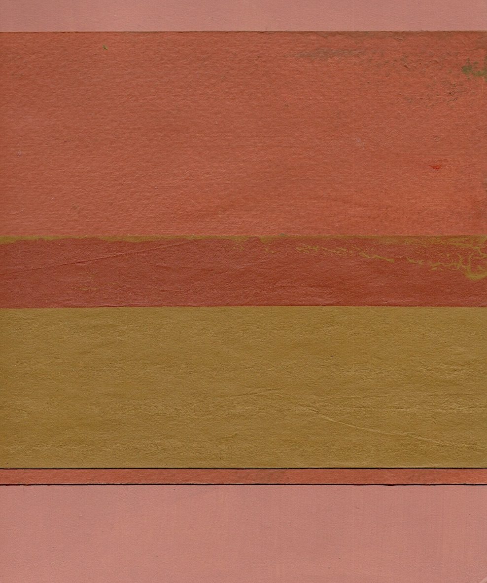 Acrylic painted collaged paper.  Size 15.5 cm Height by 13 cm Width.  Horizontal cut bands of colour.  From the top down there is a 1cm band of pale orange; 5.5 cm band of mid orange with a few tiny marks in green; a 2cm band of darker orange with a thin ochre line at the top; a 4.5 cm band of ochre; a 5mm band of darker orange and a 2.5 cm band of pale orange
