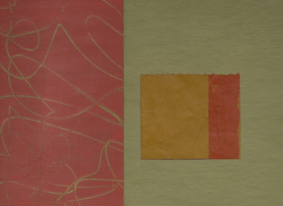 Acrylic on paper, collaged.  Size 18 cm by 13 cm.  Dull red painted paper on left hand side.  Scored into with end of a brush to expose green paint underneath.  Abutting this, almost half way is a flat painted sage green paper.  On top of the sage green is an ochre and dull red oblong, 1cm in and 4.5 cm down from the top.  The oblong is 5cm High by 6 cm wide and has a serrated top edge.  The ochre takes up roughly two thirds of the oblong and the dull red takes up the final third.
