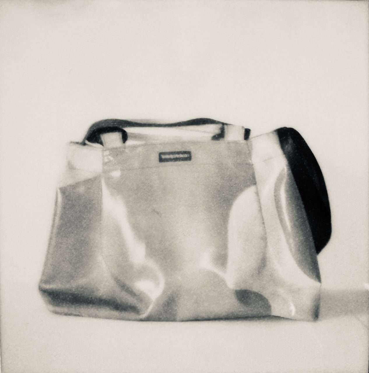 Black and white polaroid still life image of a bag