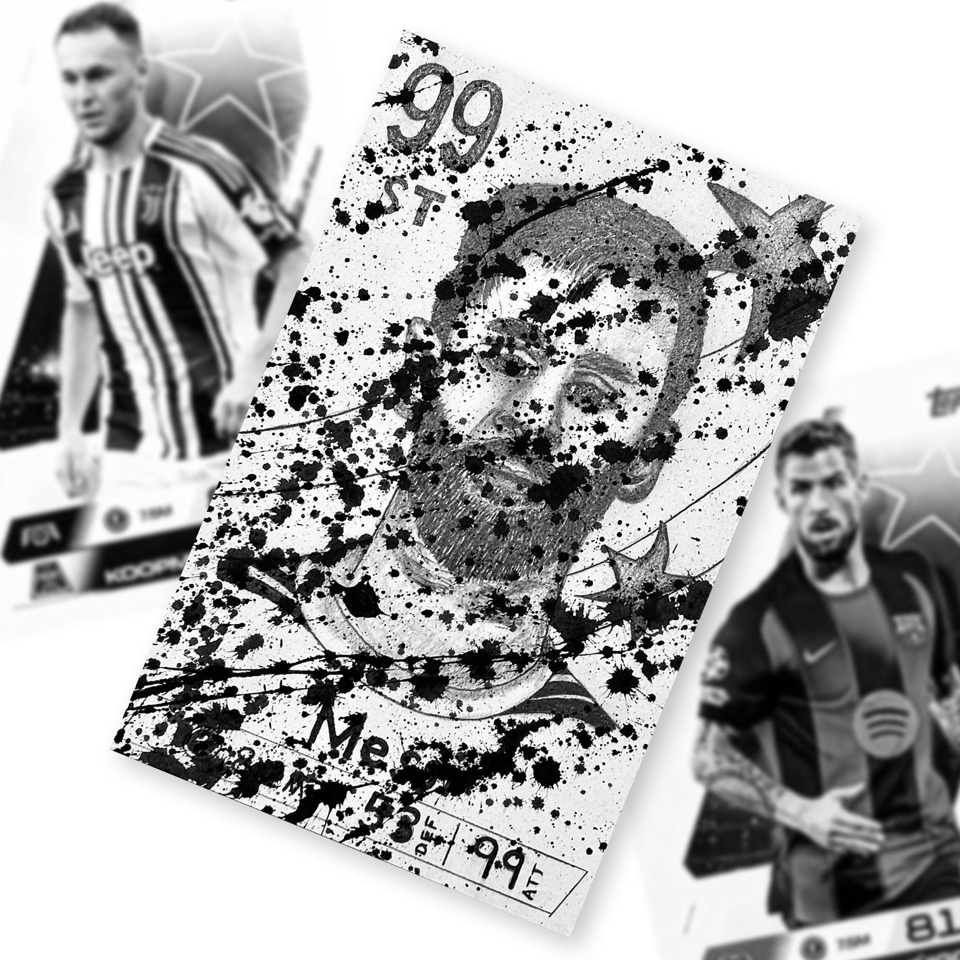 A graphite drawing of Lionel Messi, depicted as a trading card, overlayed with ink splashes, set against a background of two 'Match Attax' cards.
