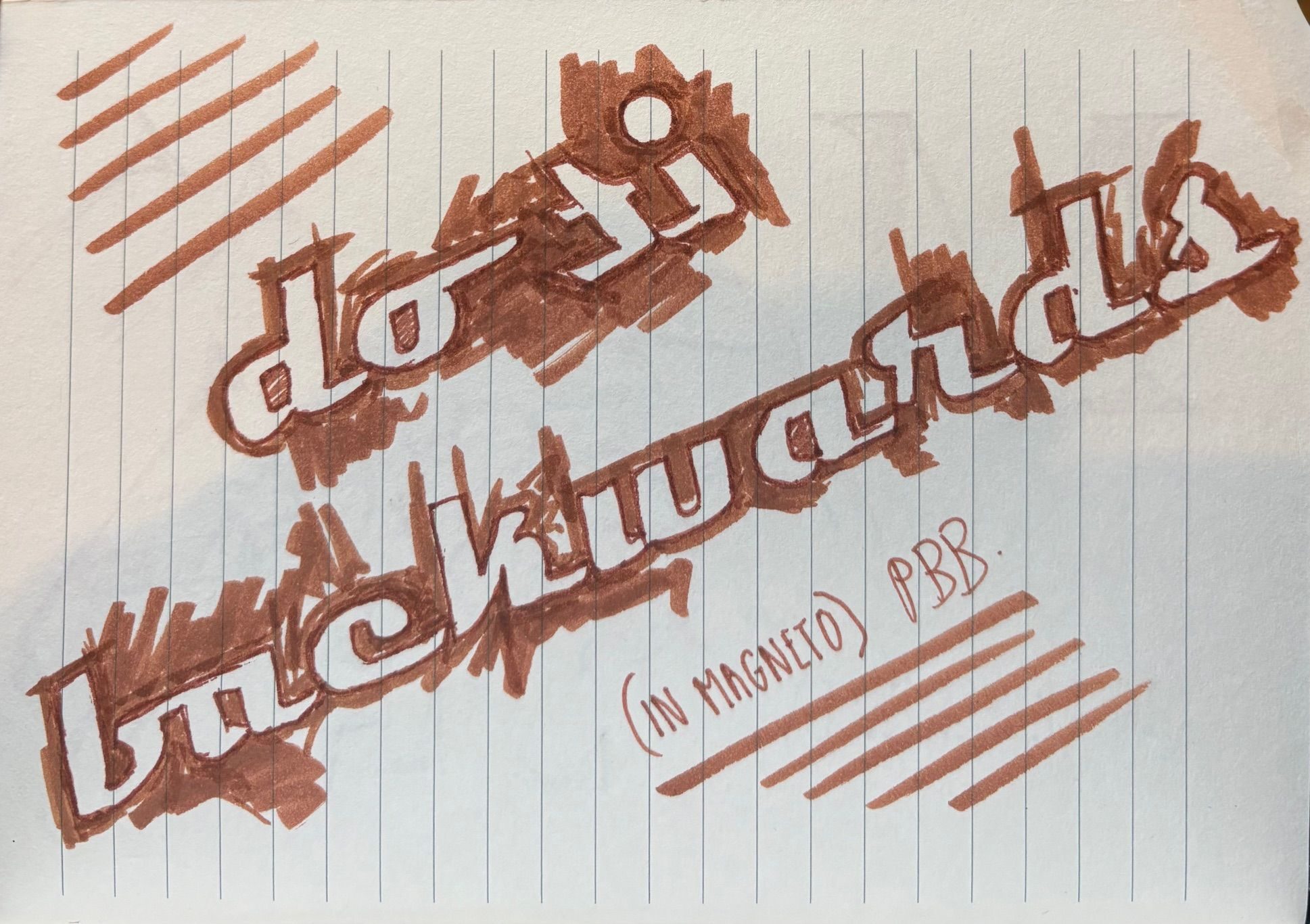 Brown ink drawing on pale blue lined paper of the phrase ‘Do it backwards’, with the words stretched diagonally across the page and the letterforms drawn in reverse, so they appear mirrored and hard to read. Thick, blocky lettering is surrounded by rough brushy shading and loose scribbles. Beneath the phrase, smaller handwritten text reads ‘(IN MAGNETO) PBB.’ Diagonal sets of short parallel line marks appear in the top left and bottom right corners. The overall feel is experimental, messy, and playful.