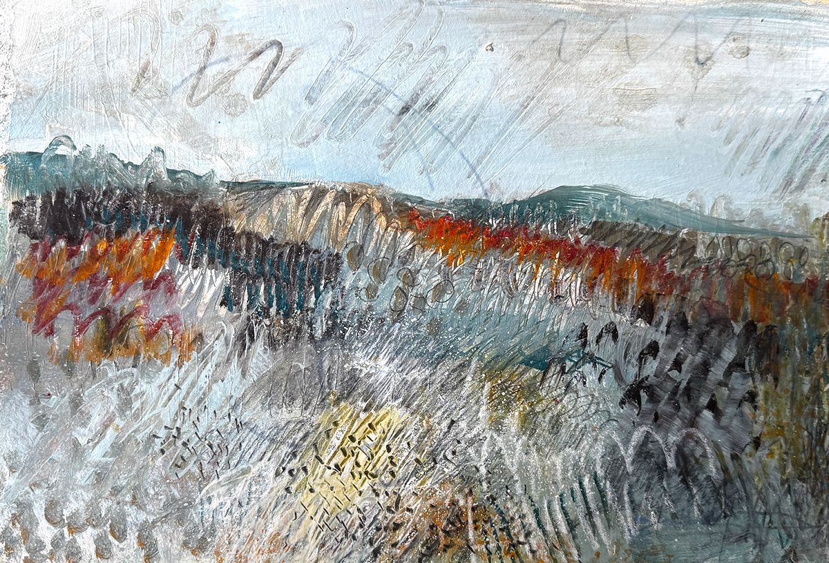 earthy colours, energetic strokes, multi media. grey and textured, sombre but alive