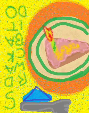 Digital art of a piece of cake on a table. I wanted to use the first ever digital software I learned: Paint.