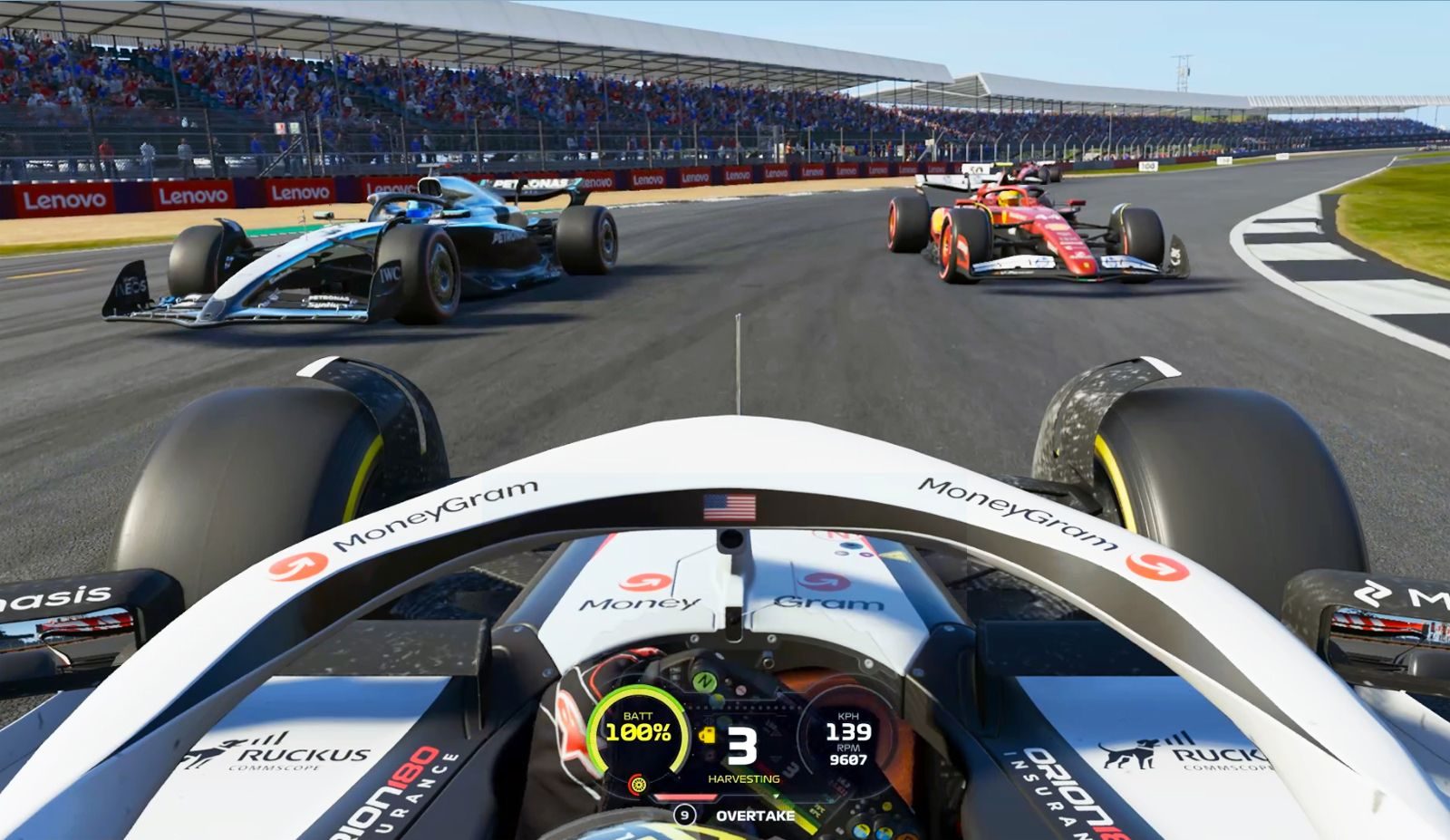 A screenshot from EA Sports F125 raced in reverse at Silverstone. Ollie Bearman is looking for a gap between the oncoming George Russell and Lewis Hamilton.