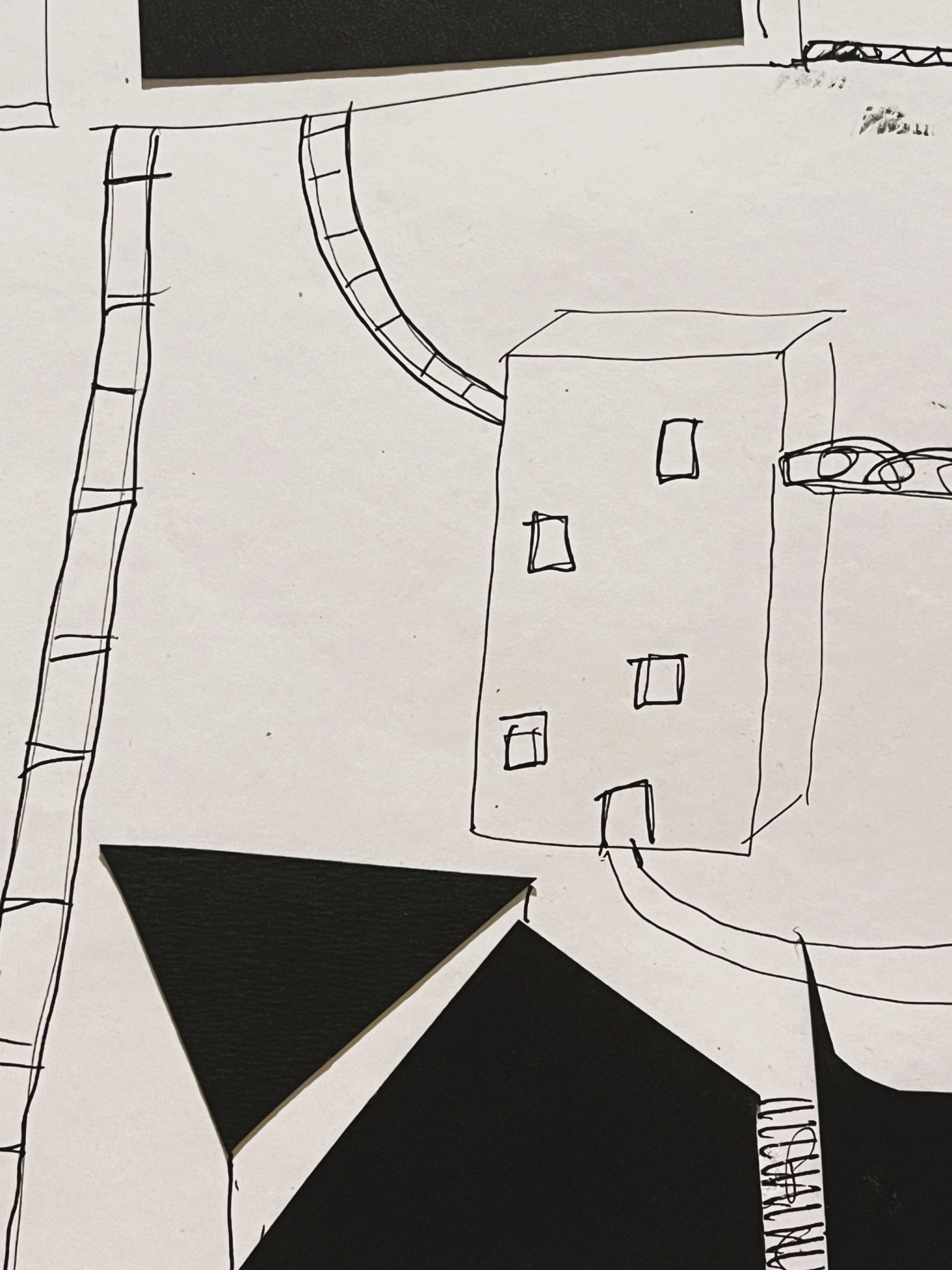 black ink line sketch and black card shapes. Interconnected ladders, boxes and shapes.