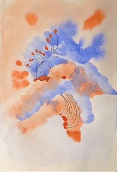 Abstract watercolour background in blue and vermillion with pencil detail from vermillion dots